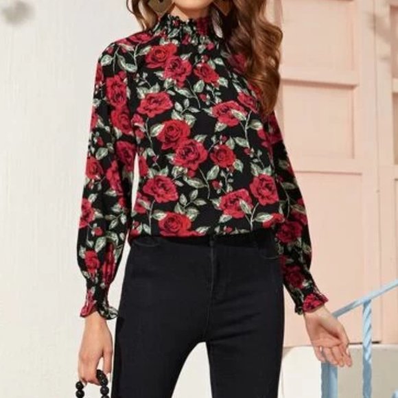 Tops - Red Roses High Neck Frill Trim Floral Top in XS